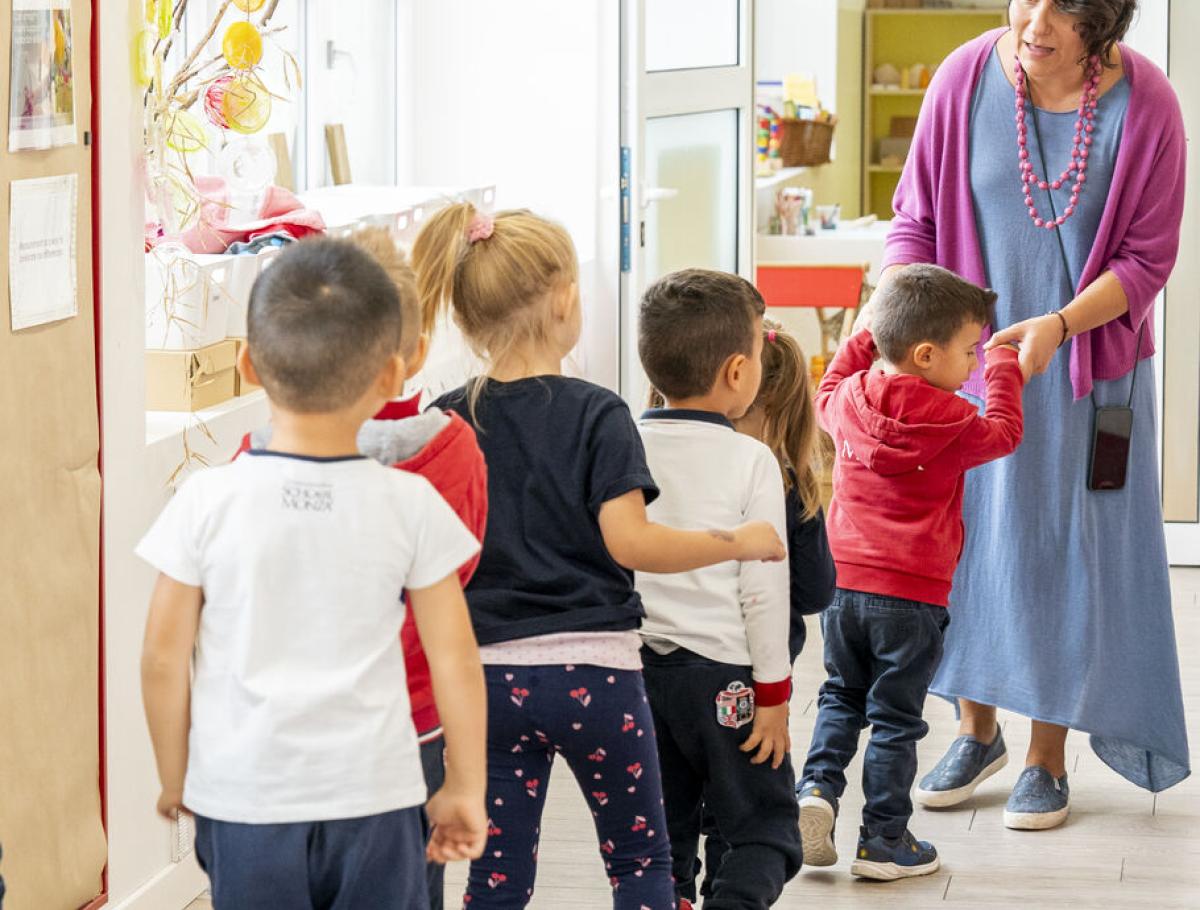 teacher getting kindergarten students in line for class