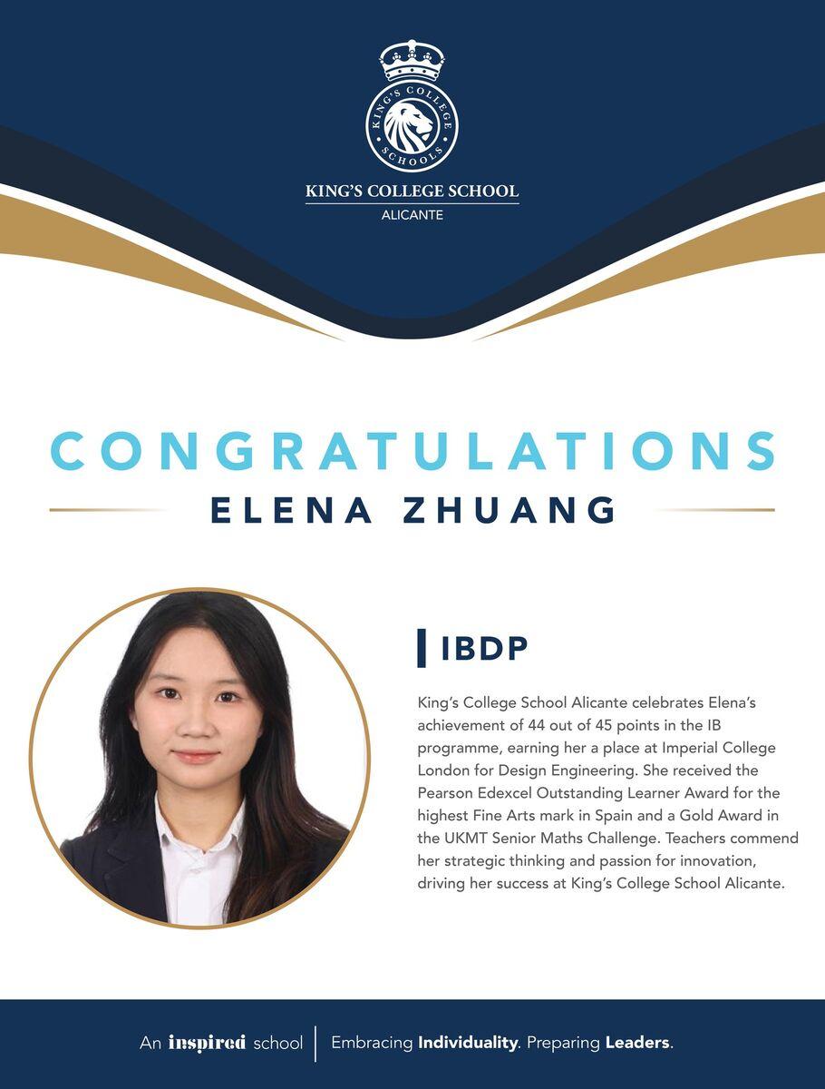 Elena Zhuang, IB Diploma Programme student at King's College, Alicante