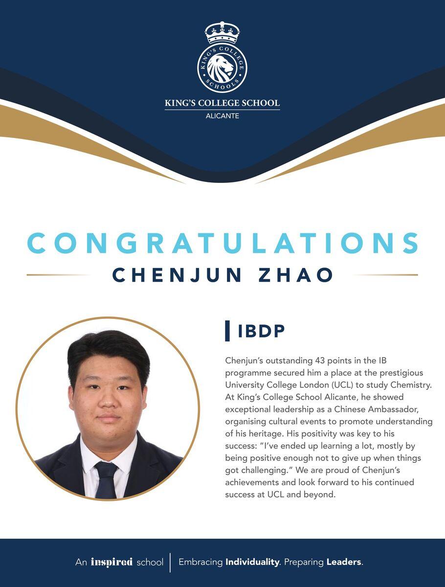 Chenjun Zhao, IB Diploma Programme student at King's College, Alicante