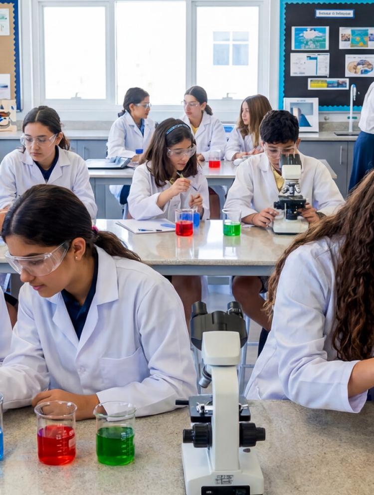 Alunos realizando experimento científico de jaleco — Ensino Médio Bilíngue em Recife, Boa Viagem