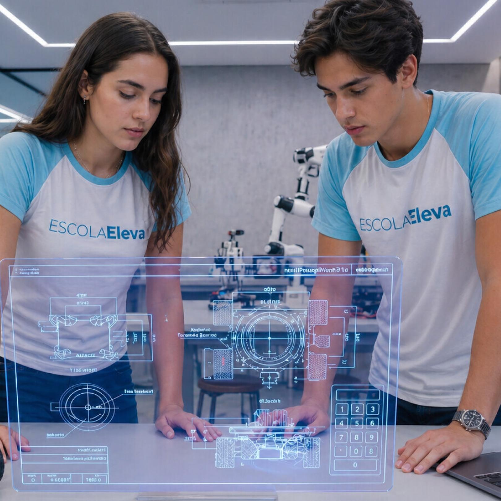 Alunos da Escola Eleva explorando robótica e tecnologia, parte do currículo de Maker Space e Media Lab da Eleva Recife