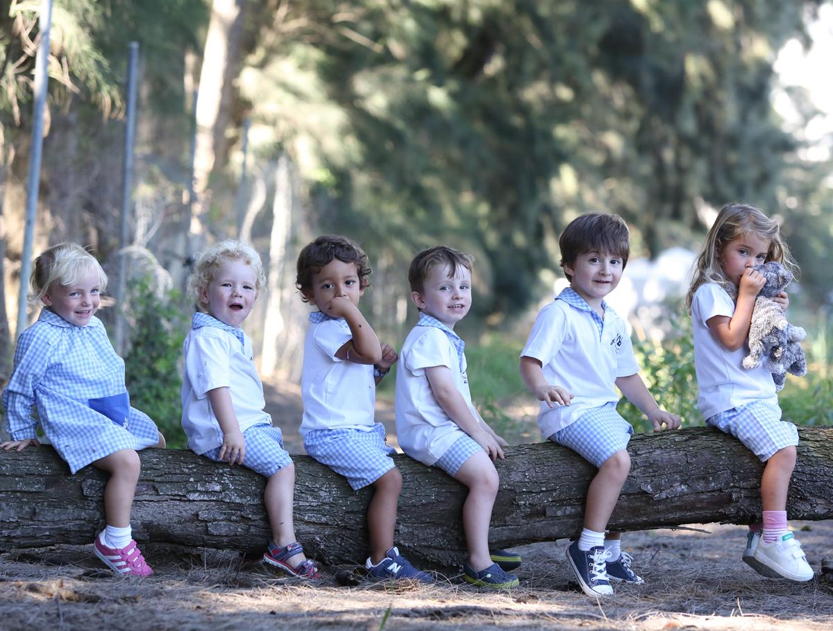 Students sitting on log