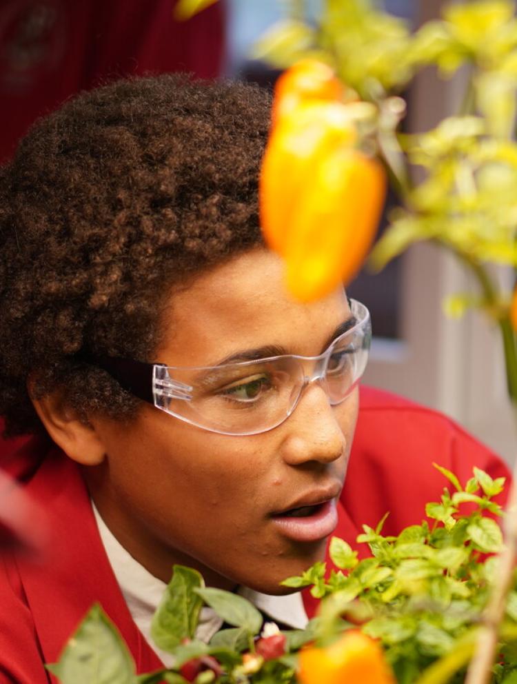 secondary student in classroom with safety equipment on